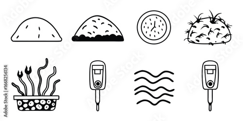 Soil health and fertility illustrations, including compost piles, earthworms, soil pH meters, nutrient cycles, and root system diagrams, clock and water wave