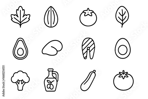 Sugar-Free Foods Icons. Outline icon set of sugar-free foods: stevia leaf, almond, blueberry, spinach leaf,