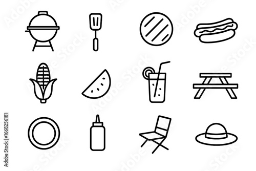 Summer BBQ Icons. Outline icon set of summer BBQ party: grill, spatula, burger patty, hot dog, corn cob,
