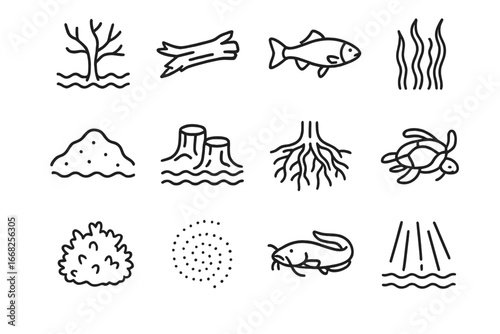 Sunken Forest Icons. Outline icon set of sunken forest habitats: submerged tree, driftwood, freshwater fish,