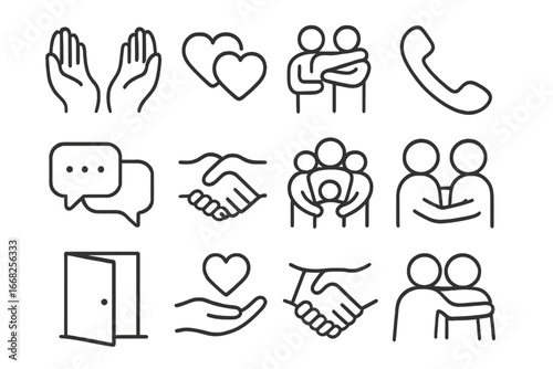 Support System Icons. Outline icon set of building a support system: helping hands, heart connection, group