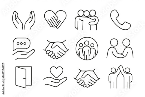 Support System Icons. Outline icon set of building a support system: helping hands, heart connection, group