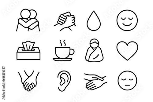 Supportive Friendship Icons. Outline icon set of friendship during hardships: hug, hand squeeze, tear drop,