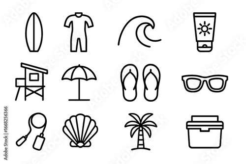 Surfing Icon Set. Outline icon set of surfing: surfboard, wetsuit, wave, sunscreen, lifeguard tower, beach