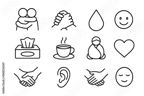 Supportive Friendship Icons. Outline icon set of friendship during hardships: hug, hand squeeze, tear drop,