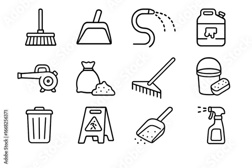 Surface Finishing Icons. Outline icon set of surface finishing and cleanup: broom sweeper, dustpan, wash hose,
