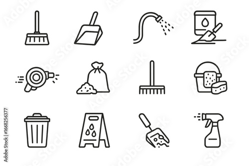 Surface Finishing Icons. Outline icon set of surface finishing and cleanup: broom sweeper, dustpan, wash hose,