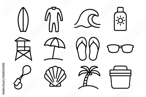 Surfing Icon Set. Outline icon set of surfing: surfboard, wetsuit, wave, sunscreen, lifeguard tower, beach