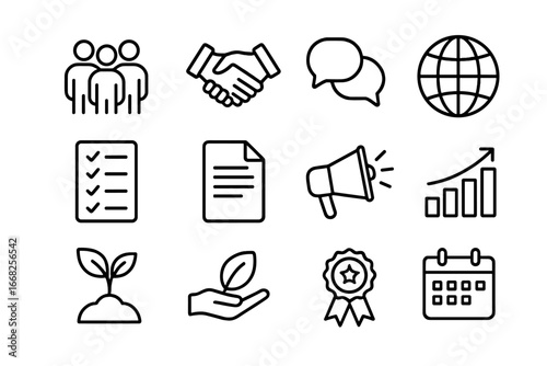 Sustainability Icons Set. Outline icon set of stakeholder engagement in sustainability: people group,