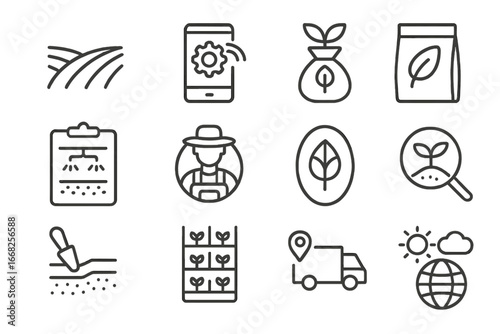 Sustainable Agriculture Icons. Outline icon set of sustainable agriculture investment: green field, smart