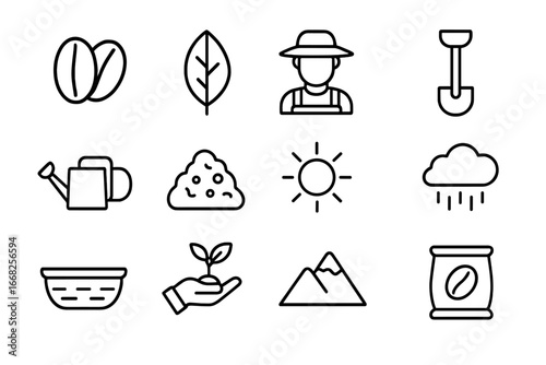 Sustainable Coffee Icons. Outline icon set of sustainable coffee farming: coffee beans, leaf icon, farmer,