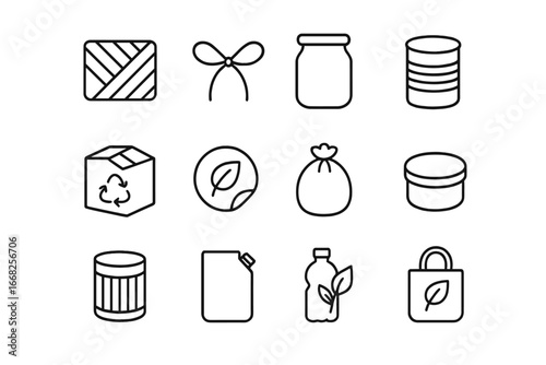 Sustainable Packaging Icons. Outline icon set of sustainable packaging materials: paper wrap, jute string,