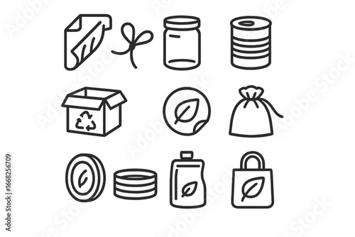 Sustainable Packaging Icons. Outline icon set of sustainable packaging materials: paper wrap, jute string,