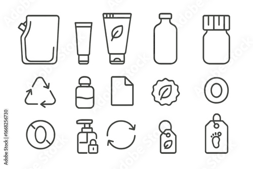 Sustainable Packaging Icons. Outline icon set of sustainable packaging: refill pouch, compostable tube, glass