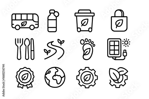 Sustainable Travel Icons. Outline icon set of sustainable travel: eco-bus, refill bottle, compost bin,