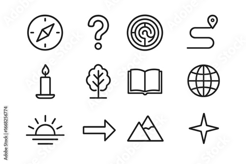 Symbolic Quest Icons. Outline icon set of searching for meaning: compass, question mark, labyrinth, path,
