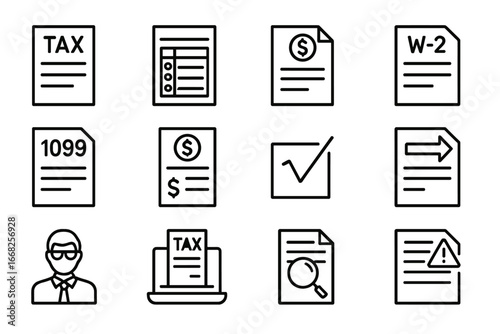 Tax Form Icons. Outline icon set of tax filing forms: tax return, deduction list, income report, W-2 form,