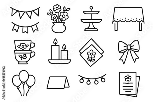 Tea Party Icon Set. Outline icon set of tea party decorations: bunting, floral centerpiece, cake stand, lace