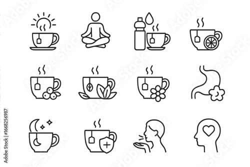 Tea Health Rituals Icons. Outline icon set of tea health rituals: morning cup, meditation, hydration, detox,