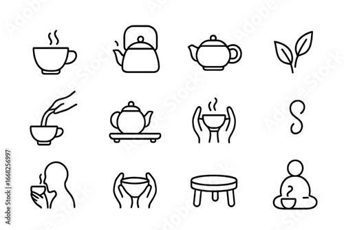 Tea Ritual Icons. Outline vector icons of tea meditation and rituals: teacup, kettle steam, clay pot, tea