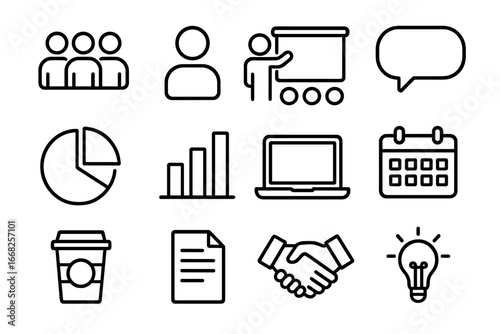 Team Meeting Icons. Outline icon set of team meetings for marketing: group of people, manager silhouette,