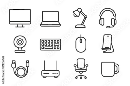 Tech Setup Icons. Outline icon set of office-home tech setup: monitor, laptop, desk lamp, headset, webcam,
