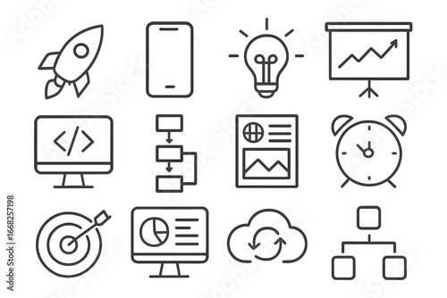Tech Startup Icons. Outline icon set of tech startup home office: startup logo, app screen, idea lamp, pitch