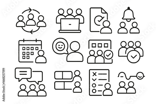 Tech Teamwork Icons. Outline icon set of tech-enhanced teamwork: team sync, shared workspace, file version