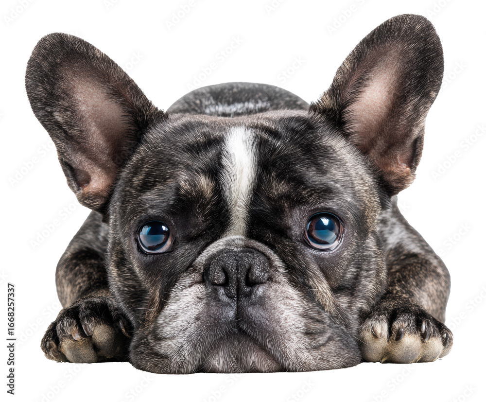 Fototapeta premium Playful French Bulldog resting with big expressive eyes, cut out transparent 