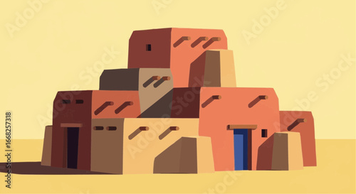 A stylized illustration of a pueblo or adobe village with stacked, geometric buildings under a clear, yellow sky.