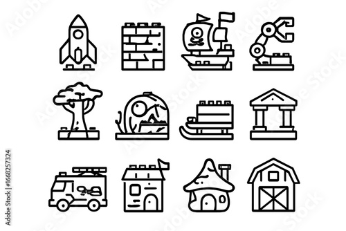 Themed Block Icon Grid. Outline icon set of themed block kits: space rocket, castle wall, pirate ship, robot