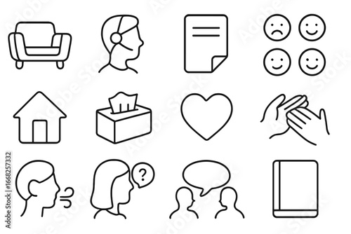 Therapy Icons Grid. Outline icon set of therapeutic conversation: couch icon, listening therapist, journal