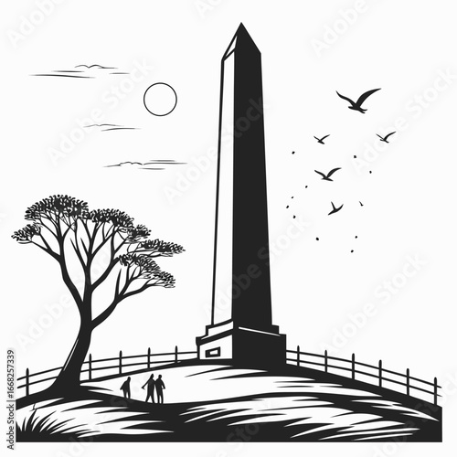 Ancient obelisk in desert sunset silhouette