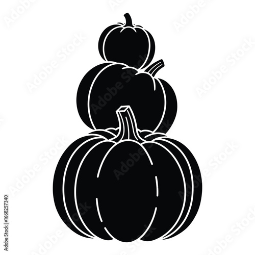 Stacked black pumpkins with white outlines on white background autumn fall