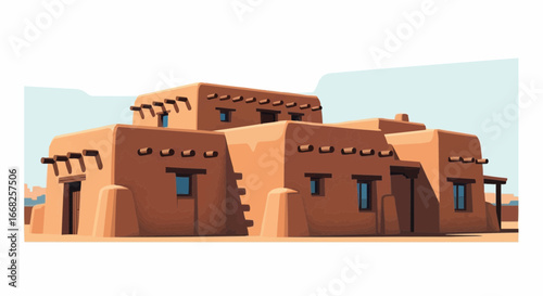 A traditional adobe pueblo building with multiple rooms and a flat roof, featuring wooden vigas and small windows under a clear sky.