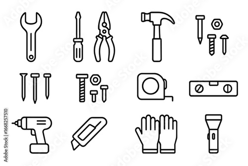 Tool Storage Icons. Outline icon set of tool storage in closet: wrench, screwdriver, pliers, hammer, nails,