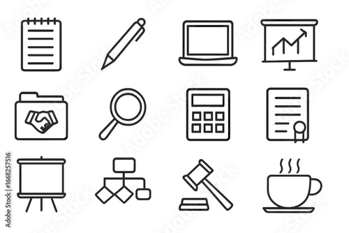 Trade Negotiation Icons. Outline icon set of trade negotiation tools: notepad, pen, laptop, financial graph,