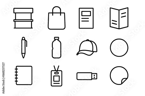 Trade Show Icons. Outline icon set of trade show merchandise: display stand, tote bag, flyer, brochure, pen,