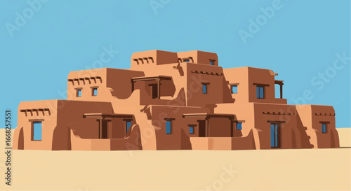 Adobe style building in the desert, illustration of traditional architecture.