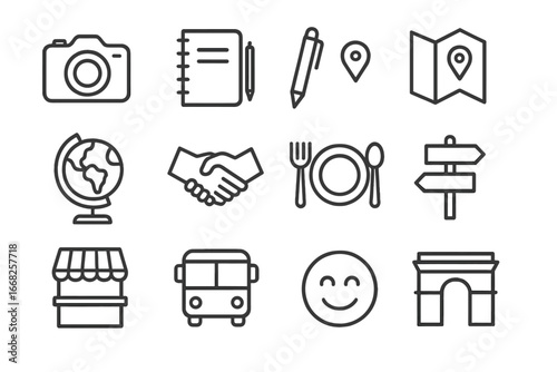 Travel Icon Set. Outline icon set of documentary travel storytelling: camera, notebook, pen, map, globe,