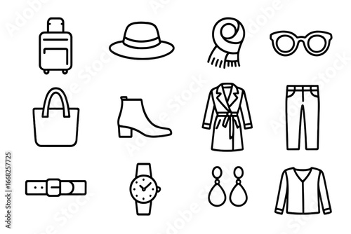 Travel Blogger Essentials. Outline icon set of blogger travel style: suitcase, hat, scarf, sunglasses, tote