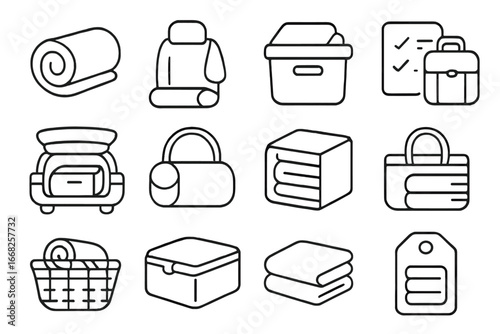 Travel Blanket Storage Icons. Outline vector icons of travel blanket storage at home: rolled throw, car towel,