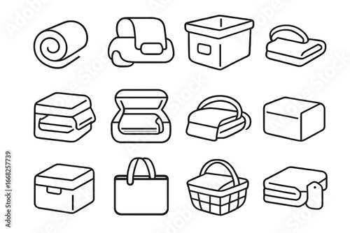 Travel Blanket Storage Icons. Outline vector icons of travel blanket storage at home: rolled throw, car towel,