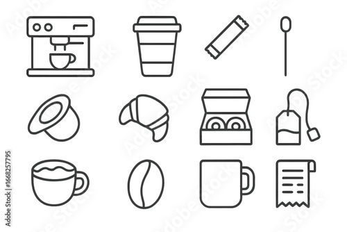 Travel Coffee Icons. Outline icon set of travel center coffee stops: espresso machine, to-go cup, sugar packet