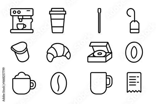 Travel Coffee Icons. Outline icon set of travel center coffee stops: espresso machine, to-go cup, sugar packet
