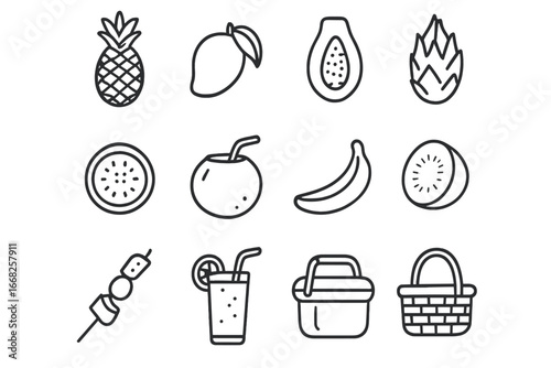 Tropical Delight Icons. Outline icon set of tropical fruits and snacks: pineapple, mango, papaya, dragon fruit