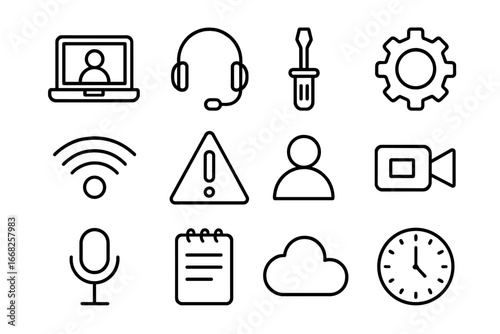 Troubleshooting Icon Set. Outline icon set of troubleshooting via video call: laptop, headset, screwdriver,