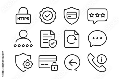 Trust Icons Collection. Outline icon set of online consumer trust: HTTPS lock, verified badge, payment shield,