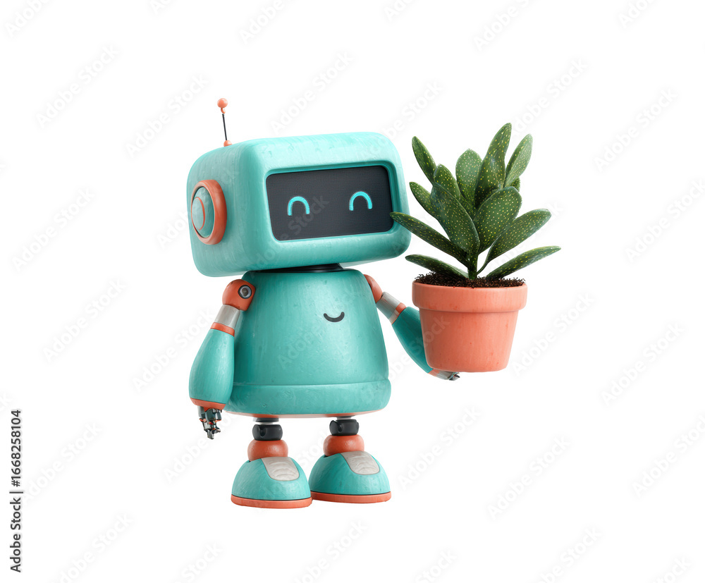 Fototapeta premium Friendly robot holding a potted plant in a cheerful setting, cut out transparent 