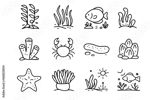 Underwater Ecosystem Icons. Outline icon set of underwater ecosystems: kelp forest, seagrass bed, reef fish,